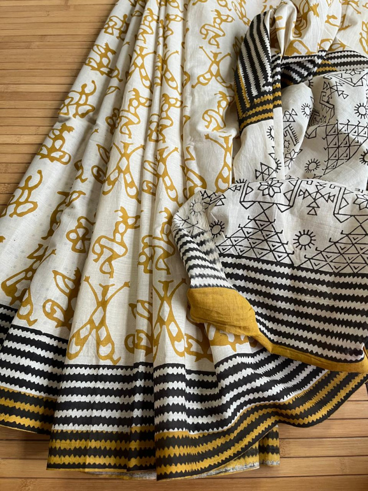 Image of Pure Mul cotton sarees with handblock print - Off White with Mustard
