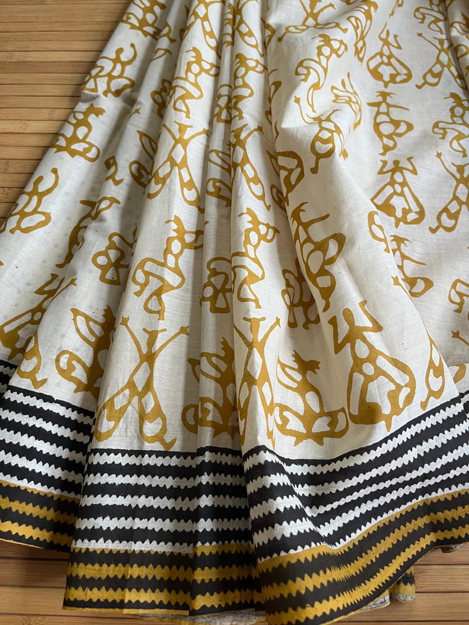 Pure Mul cotton sarees with handblock print - Off White with Mustard