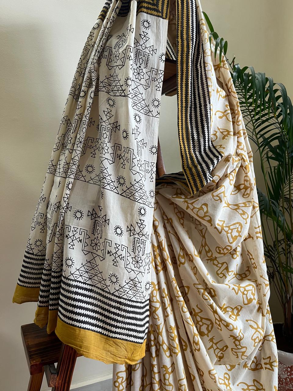 Pure Mul cotton sarees with handblock print - Off White with Mustard