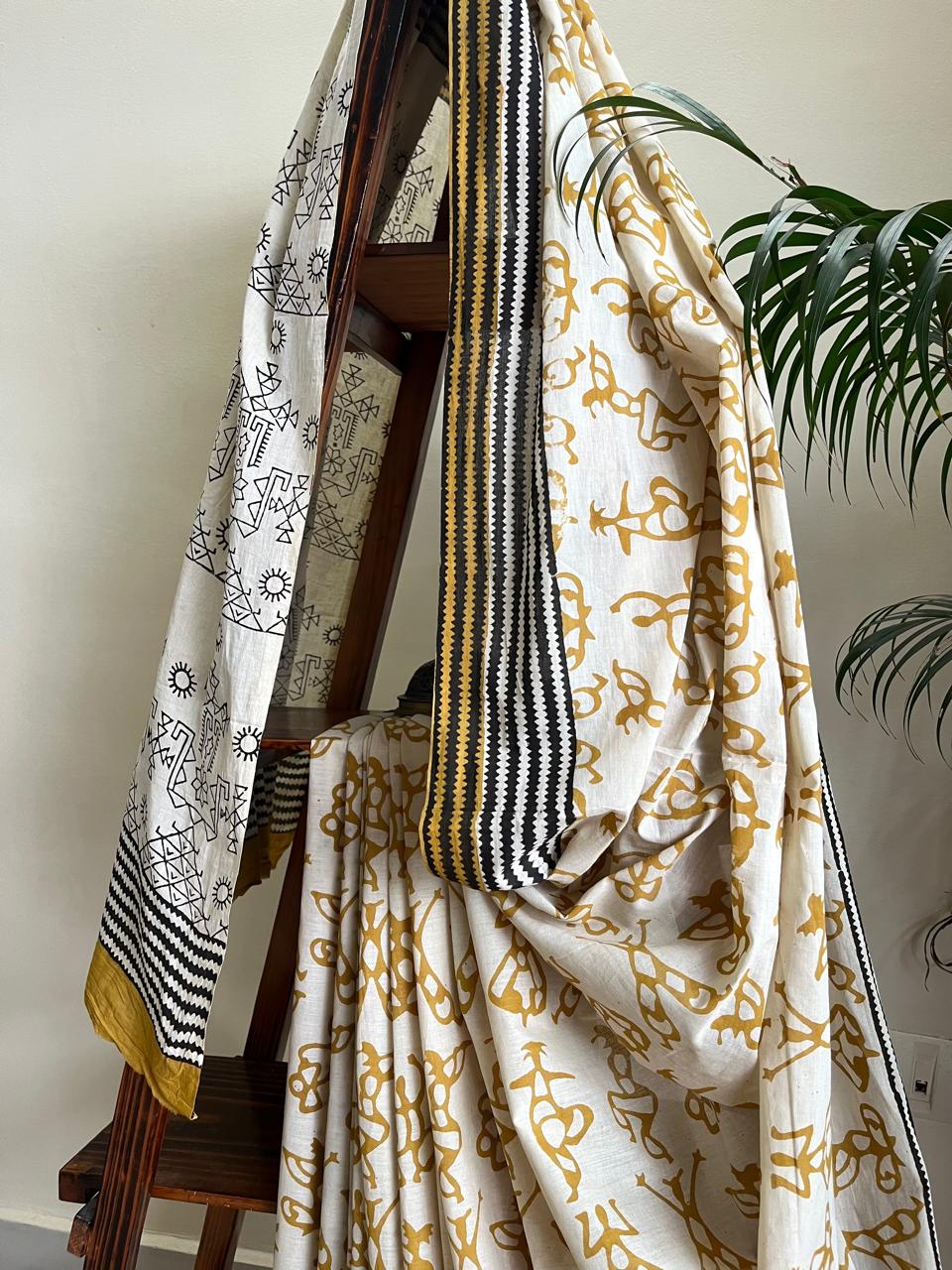 Pure Mul cotton sarees with handblock print - Off White with Mustard