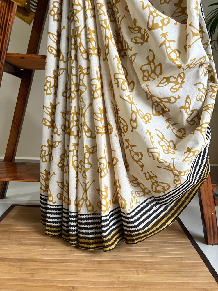Image of Pure Mul cotton sarees with handblock print - Off White with Mustard