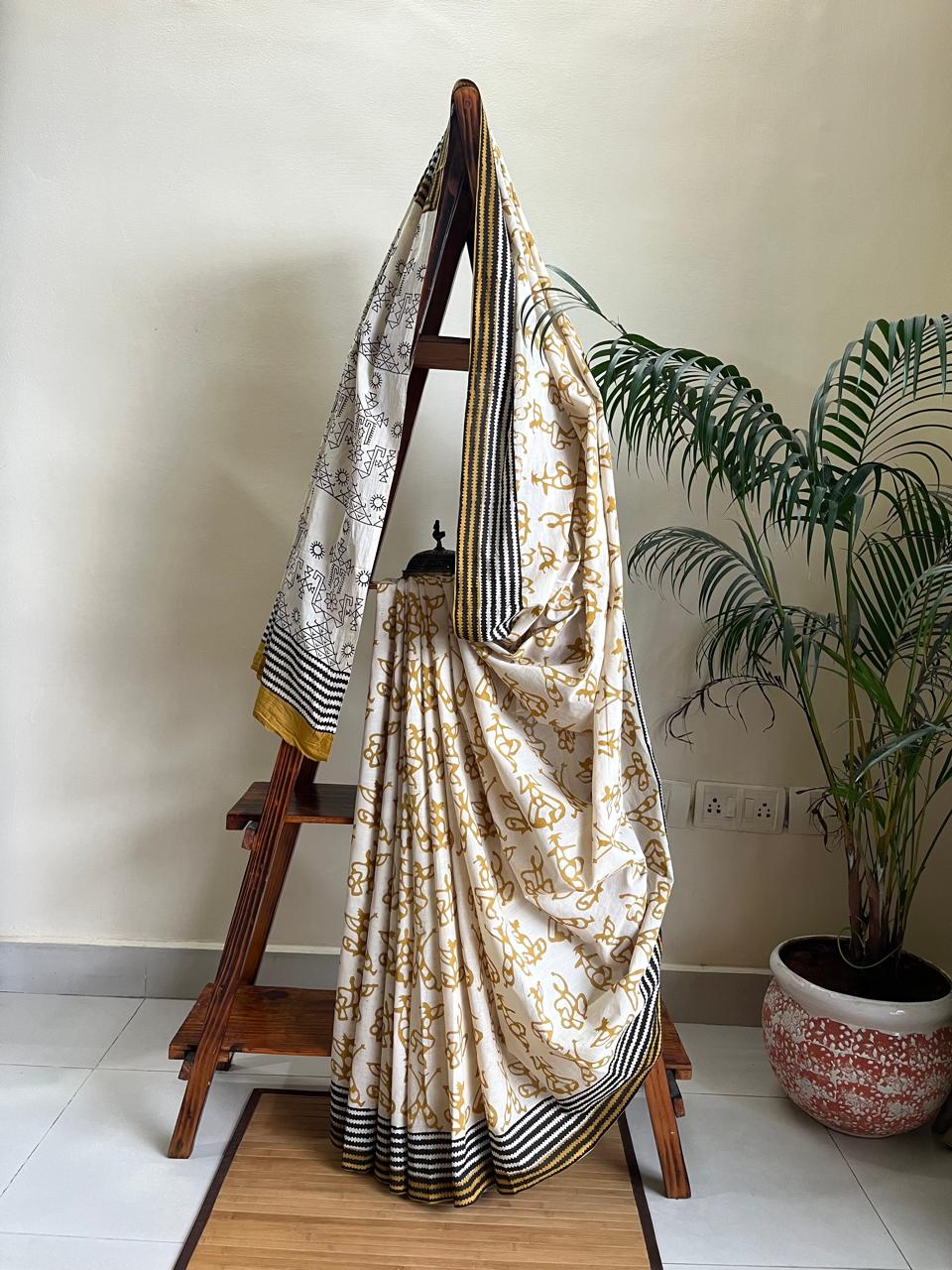 Pure Mul cotton sarees with handblock print - Off White with Mustard