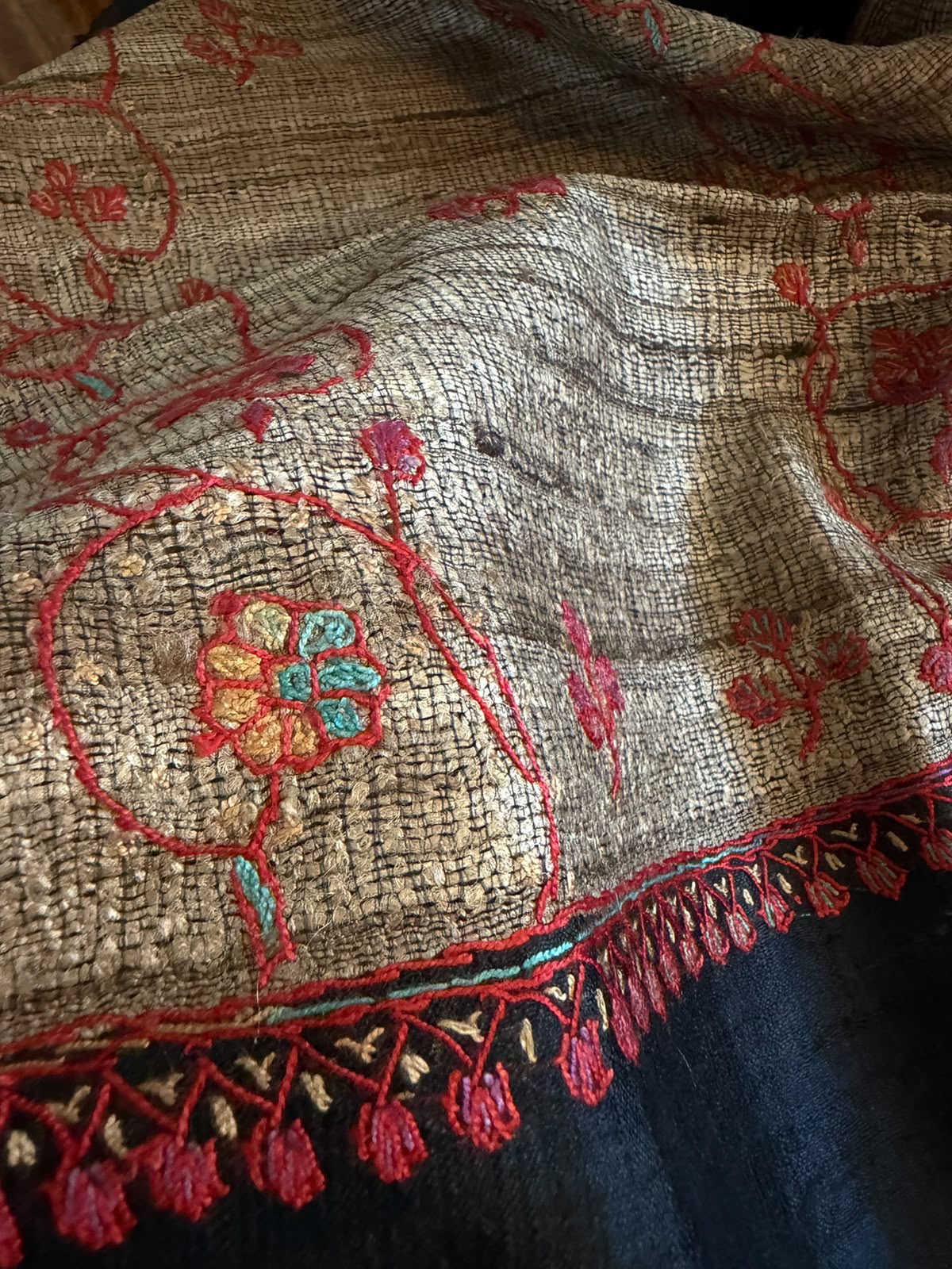 Pure Raw Silk Handloom Dupatta with delicate Sozni Handwork - Black