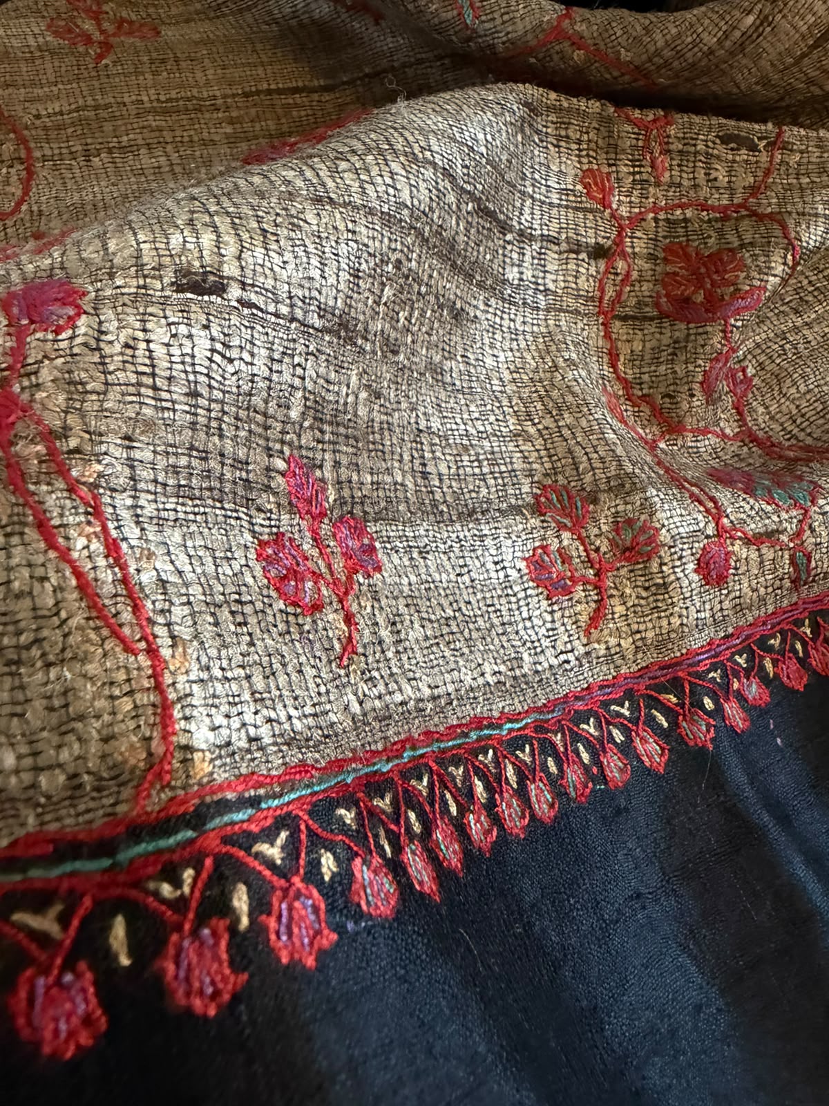 Pure Raw Silk Handloom Dupatta with delicate Sozni Handwork - Black