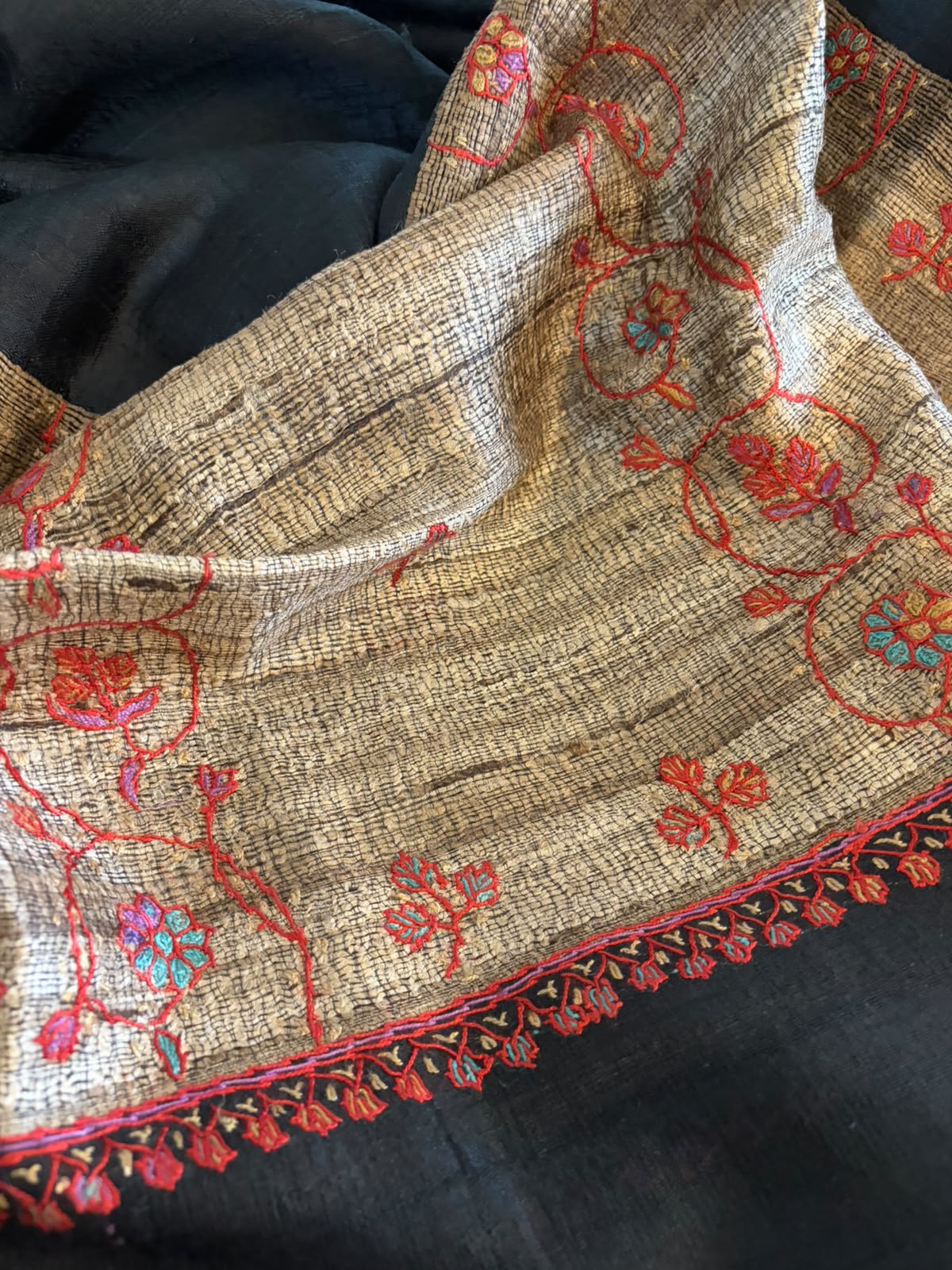 Pure Raw Silk Handloom Dupatta with delicate Sozni Handwork - Black