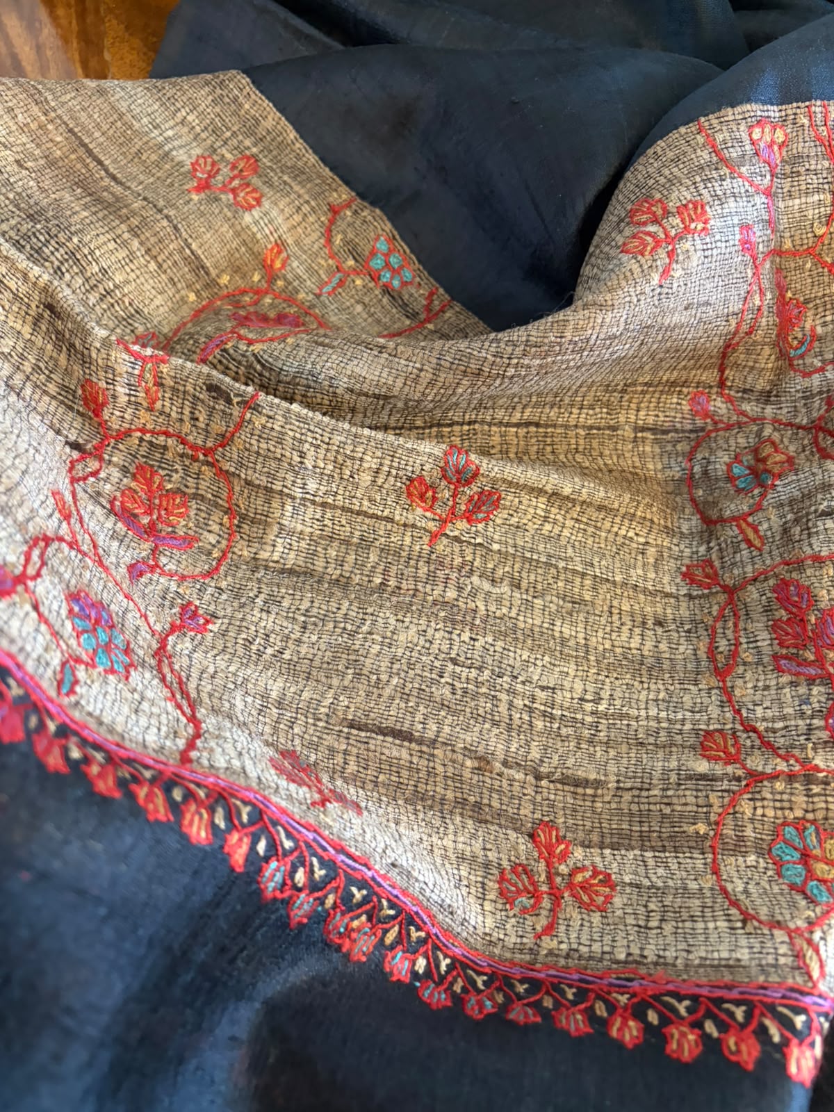 Pure Raw Silk Handloom Dupatta with delicate Sozni Handwork - Black