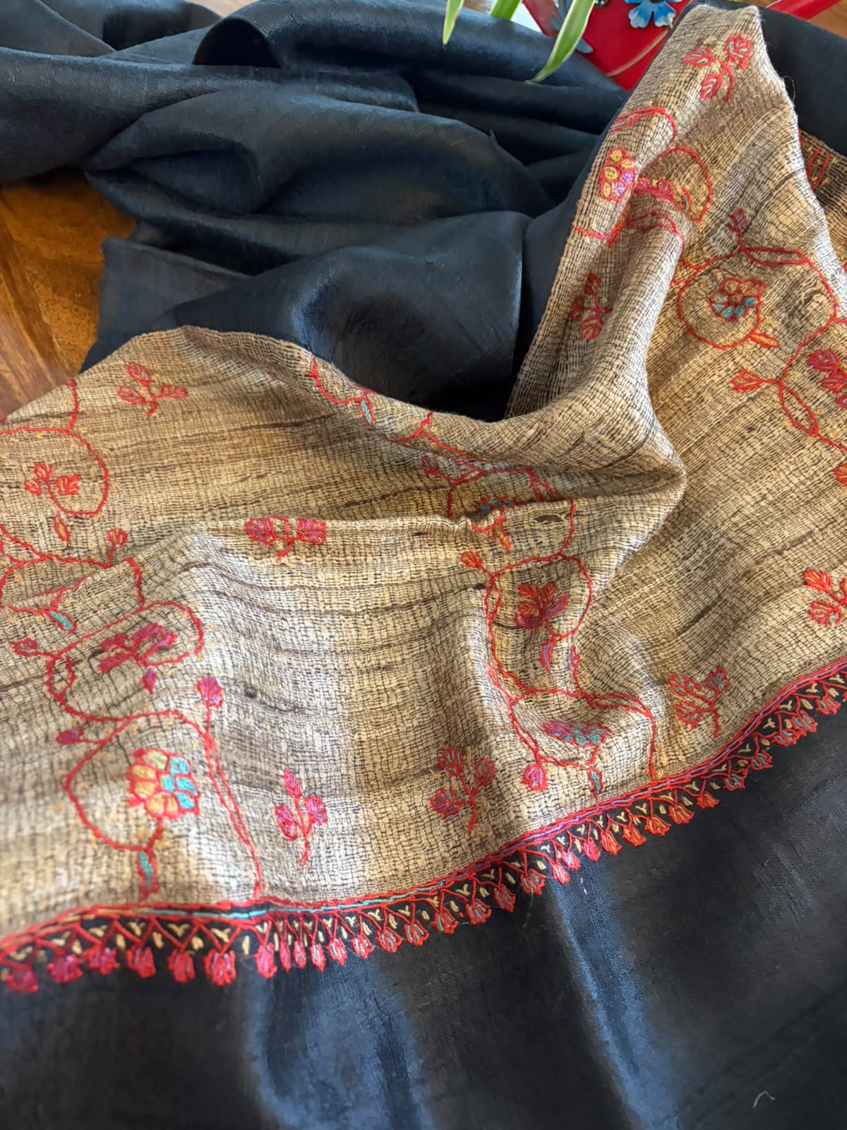 Pure Raw Silk Handloom Dupatta with delicate Sozni Handwork - Black