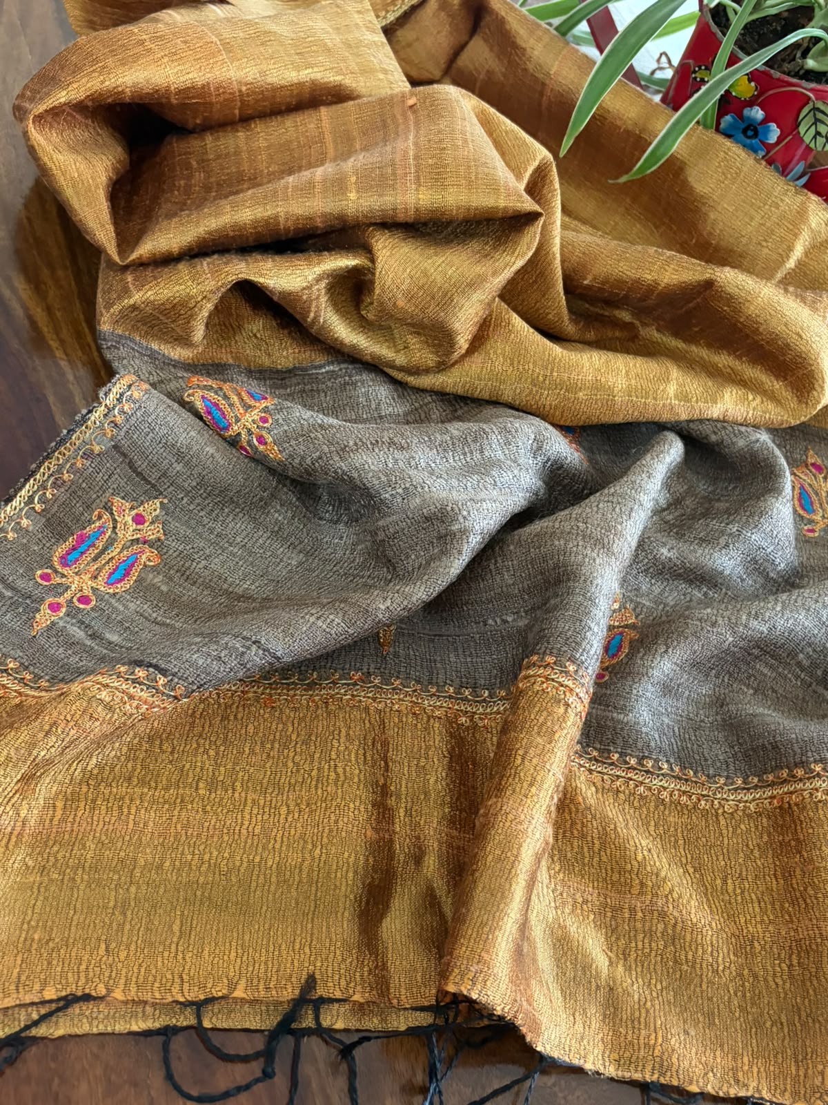 Pure Raw Silk Handloom Dupatta with delicate Tilla Handwork - Golden Yellow