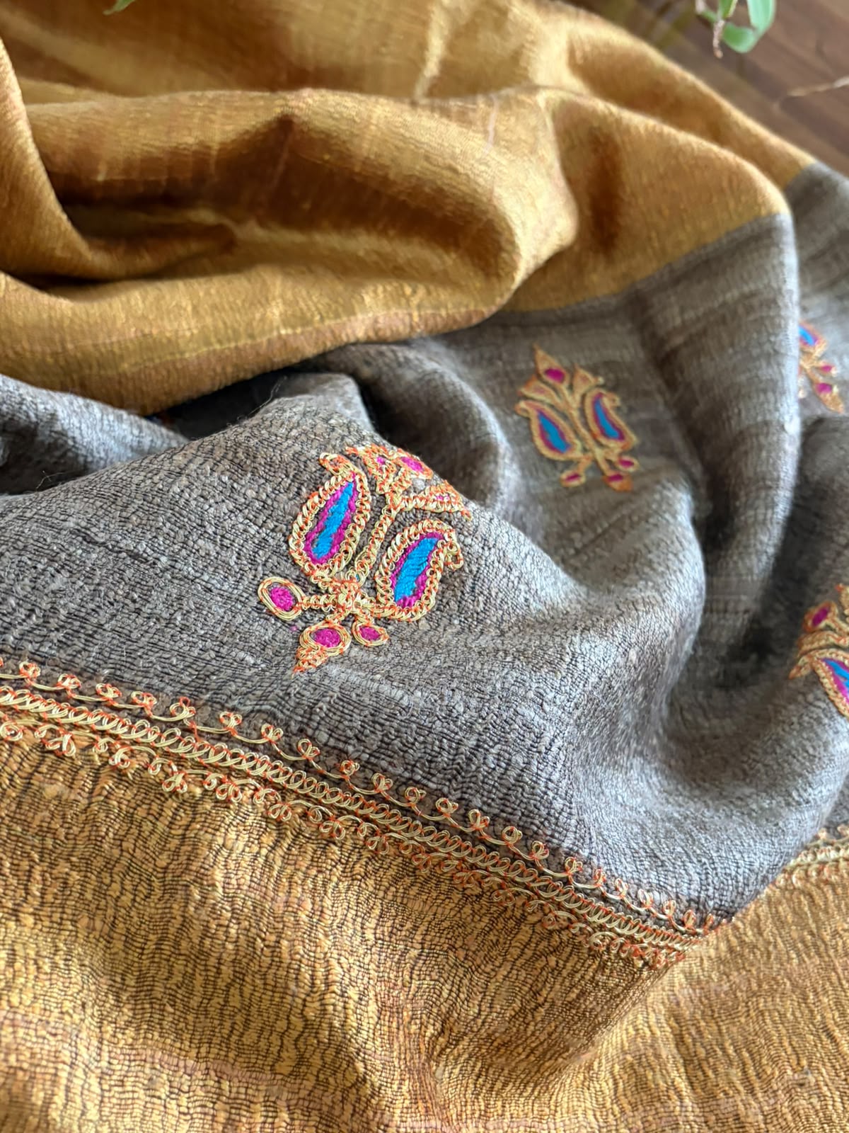 Pure Raw Silk Handloom Dupatta with delicate Tilla Handwork - Golden Yellow