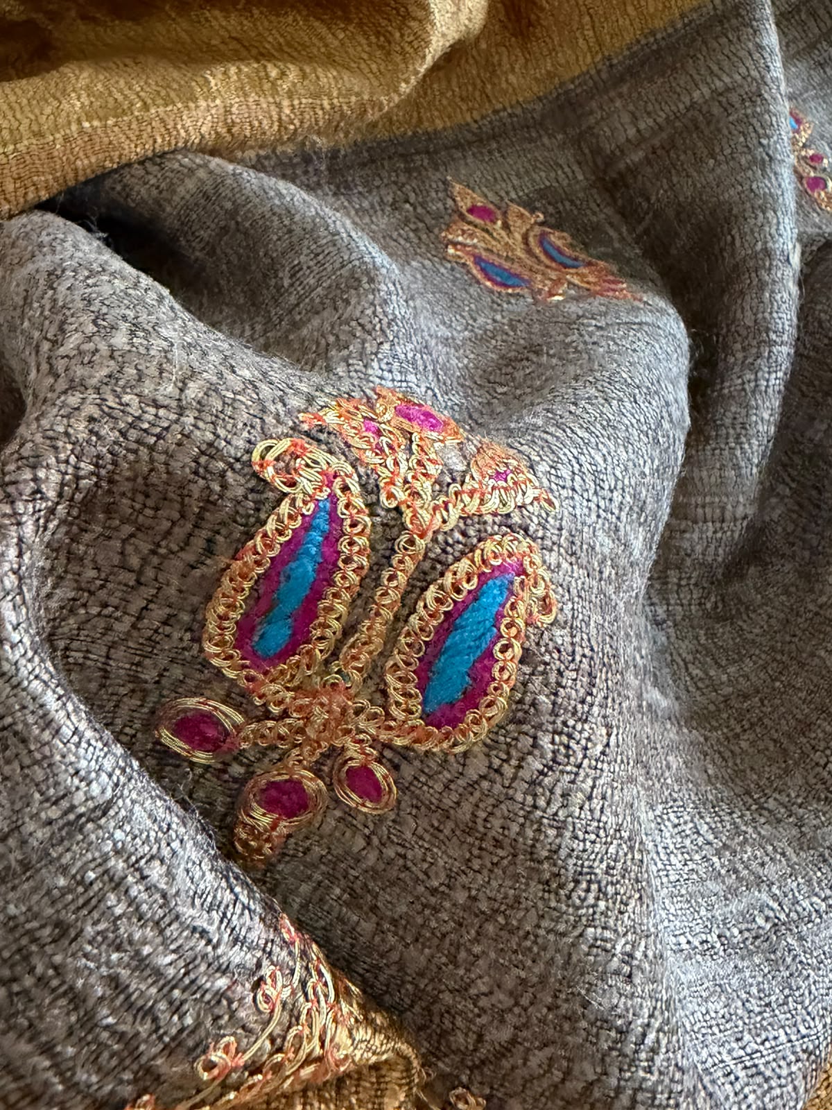Pure Raw Silk Handloom Dupatta with delicate Tilla Handwork - Golden Yellow