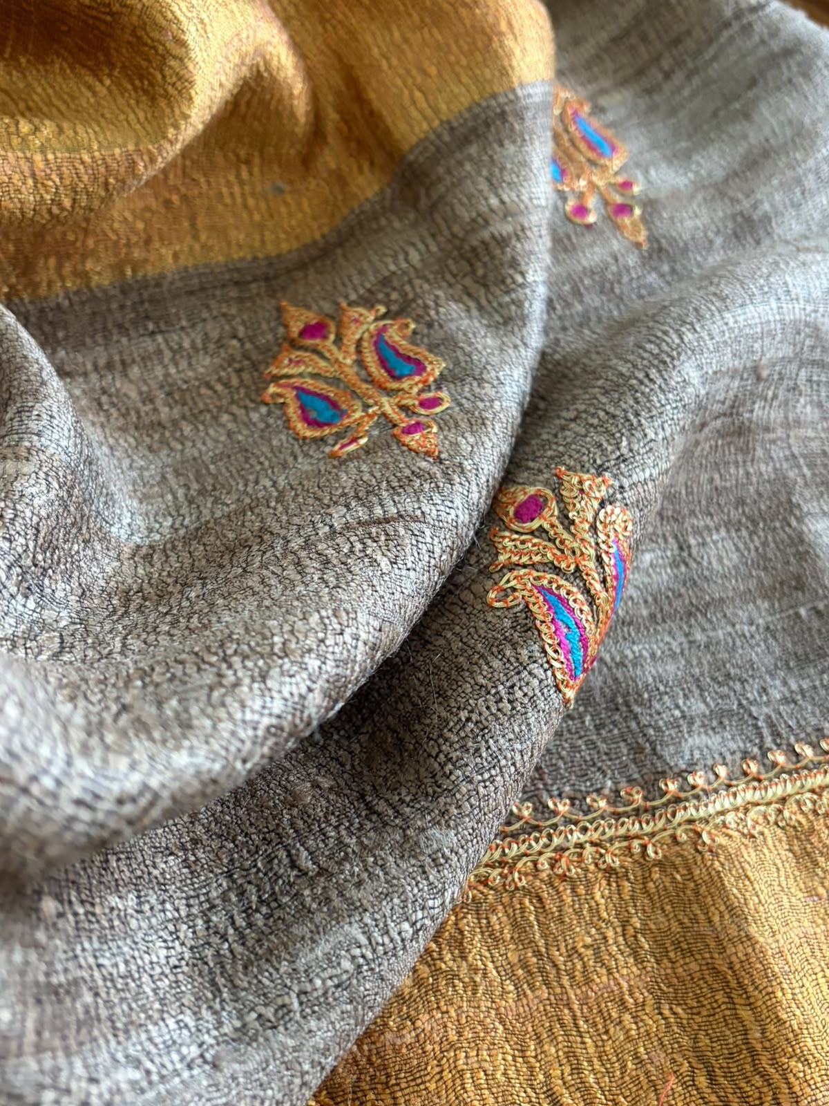 Pure Raw Silk Handloom Dupatta with delicate Tilla Handwork - Golden Yellow