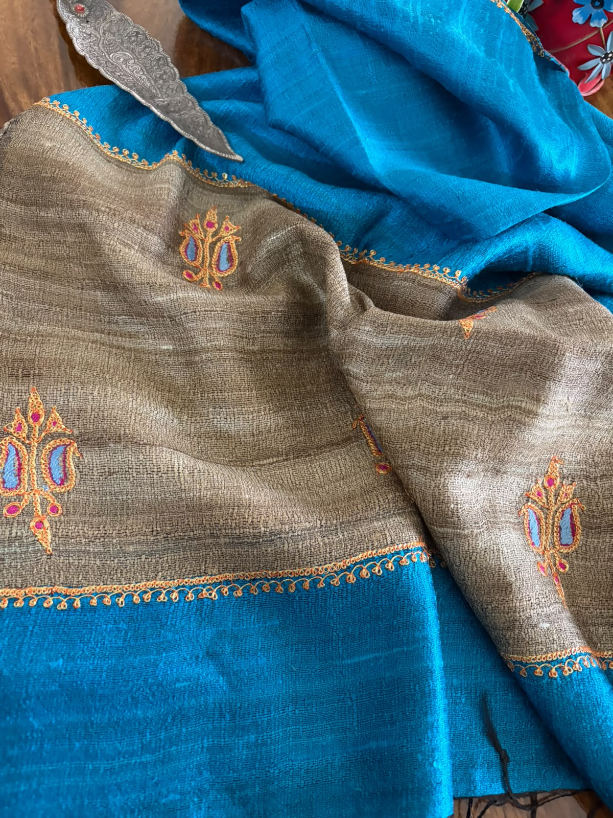 Pure Raw Silk Handloom Dupatta with delicate Tilla Handwork - Firozni