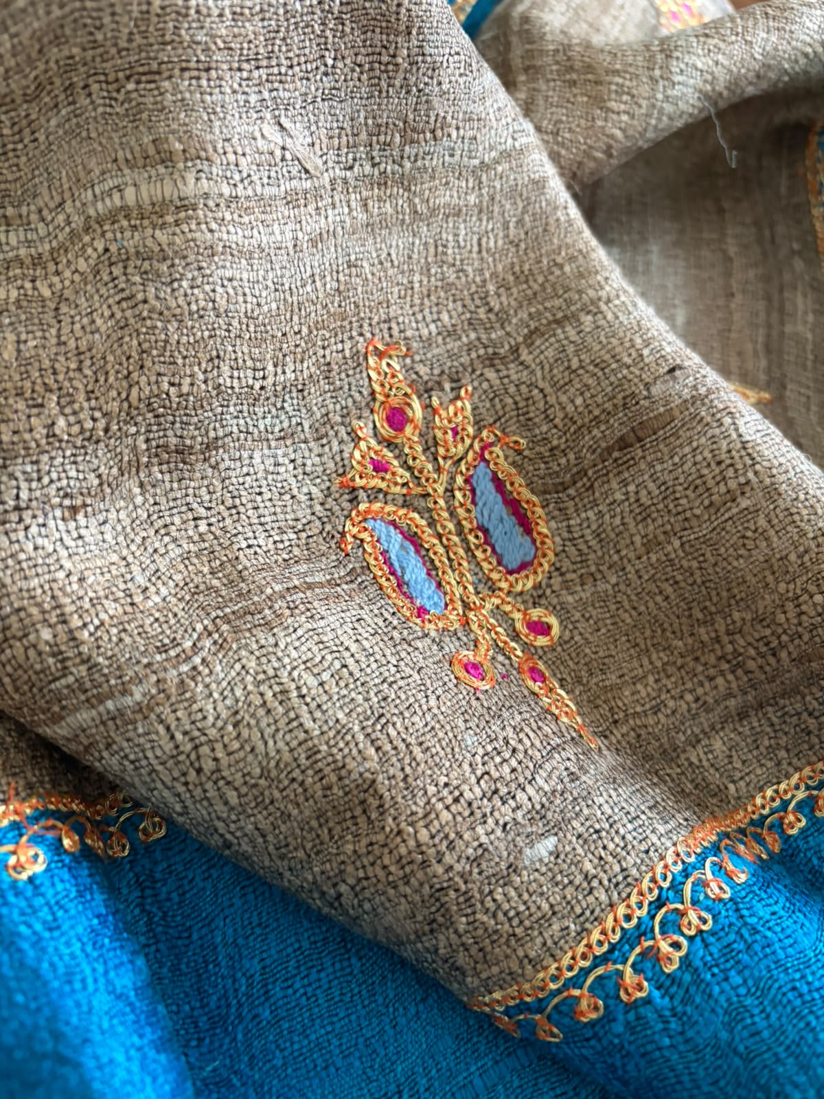Pure Raw Silk Handloom Dupatta with delicate Tilla Handwork - Firozni