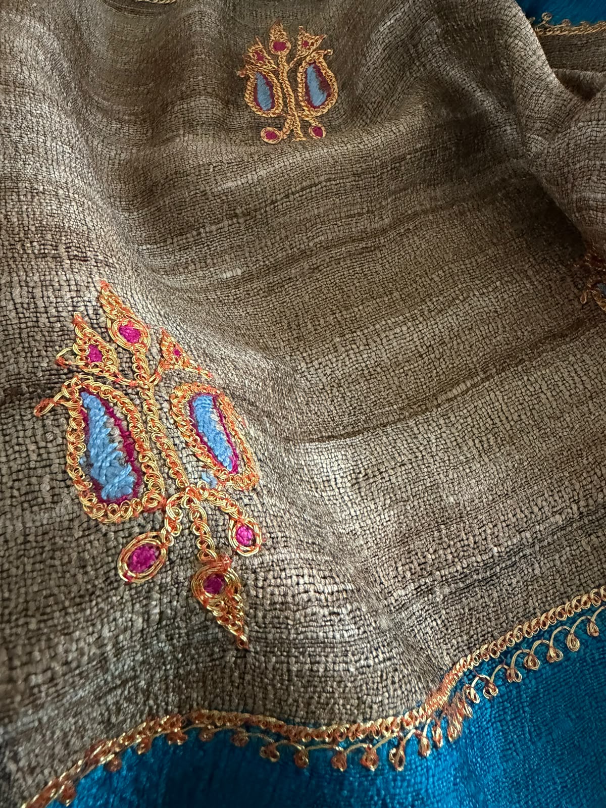 Pure Raw Silk Handloom Dupatta with delicate Tilla Handwork - Firozni