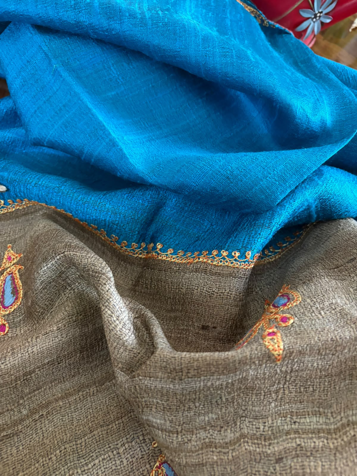 Pure Raw Silk Handloom Dupatta with delicate Tilla Handwork - Firozni