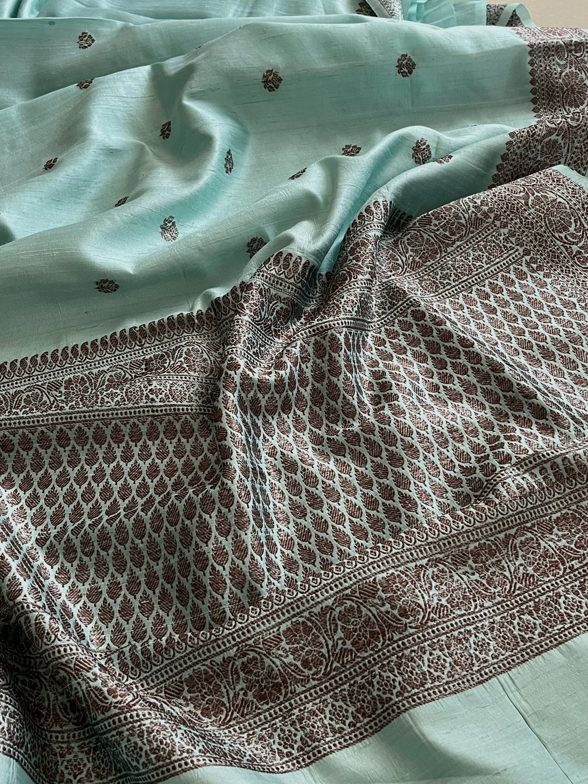 Pure Raw Silk Handloom Saree With Antique Zari - Frosted Blue