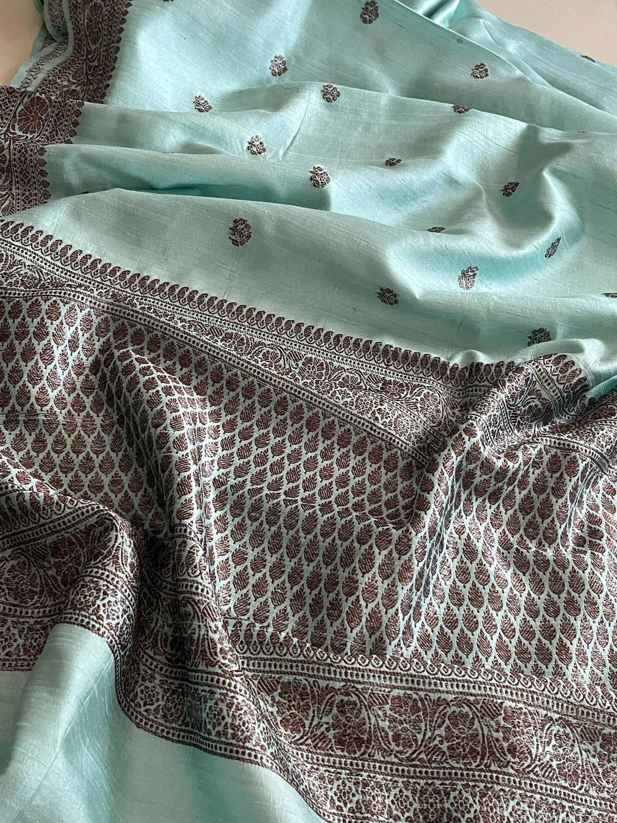 Pure Raw Silk Handloom Saree With Antique Zari - Frosted Blue