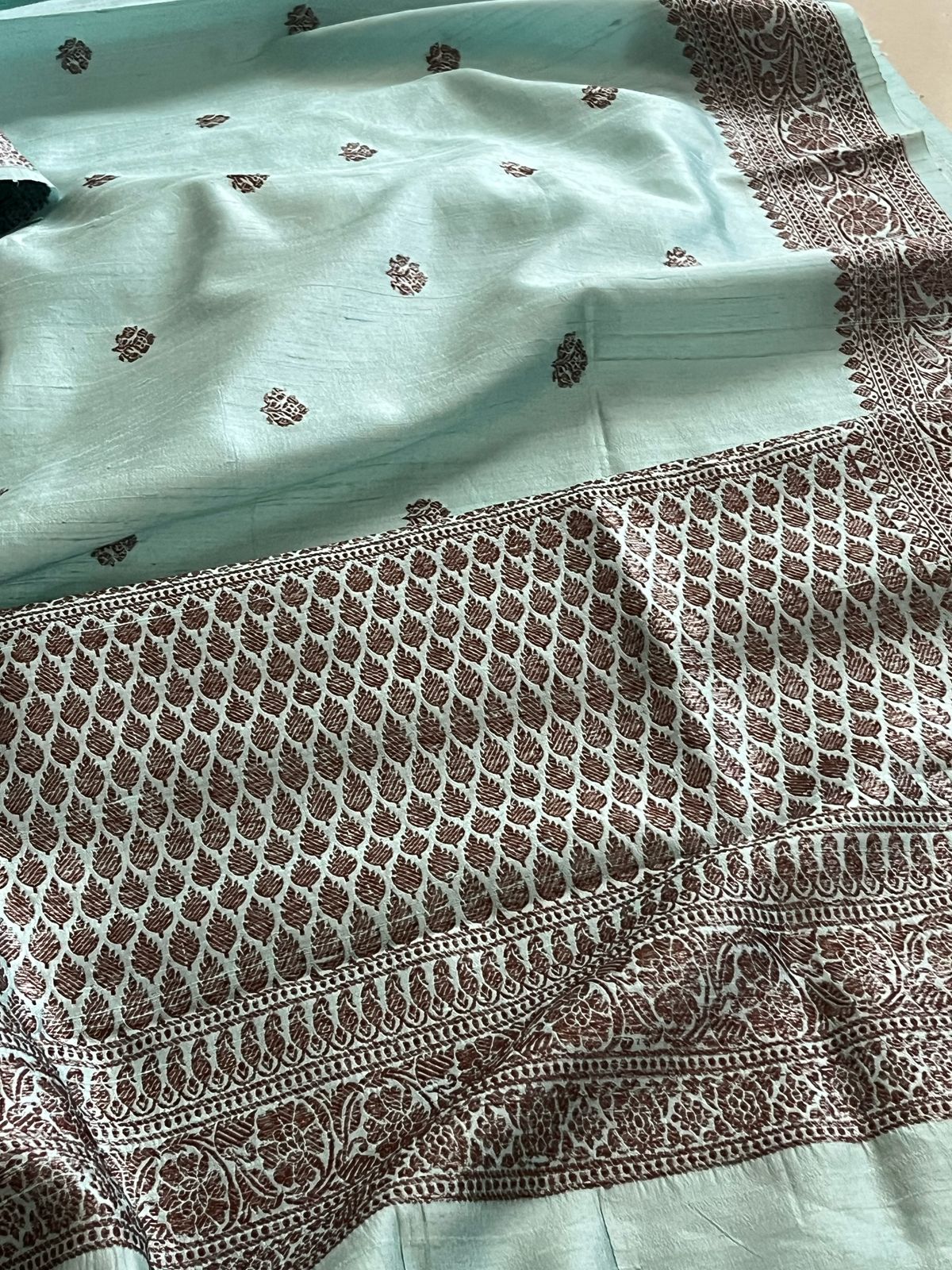 Pure Raw Silk Handloom Saree With Antique Zari - Frosted Blue