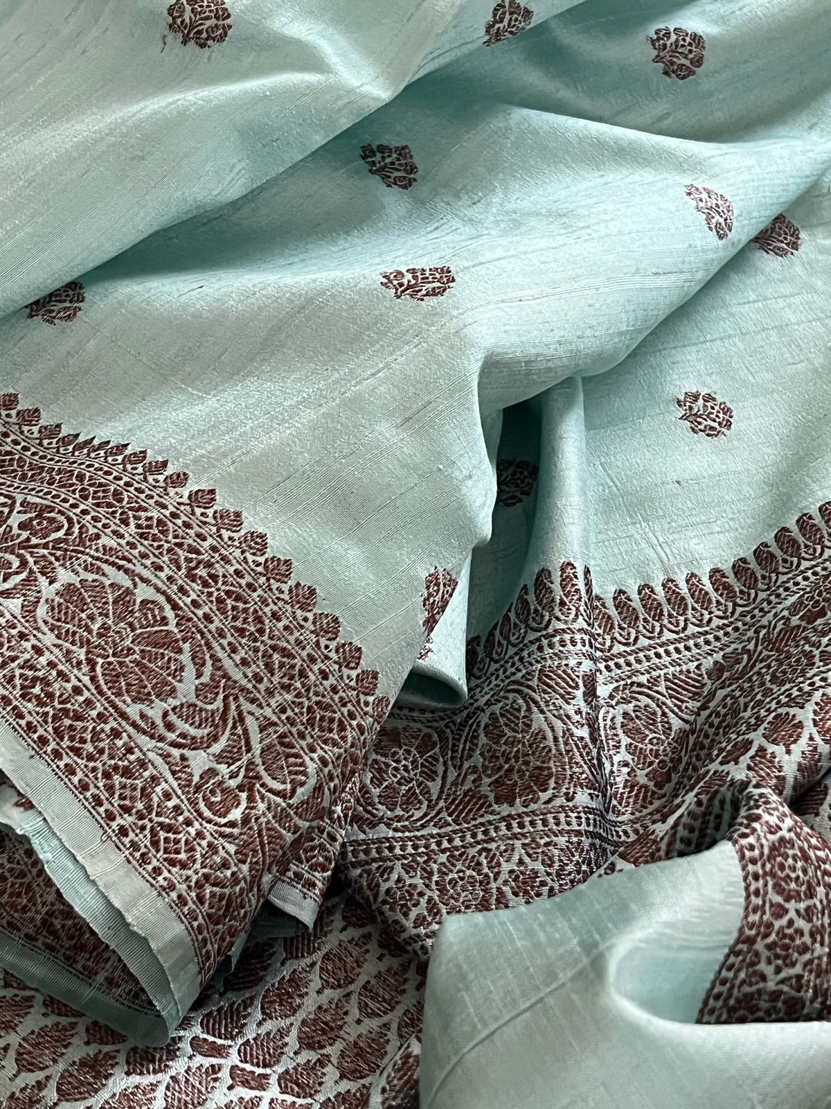 Pure Raw Silk Handloom Saree With Antique Zari - Frosted Blue
