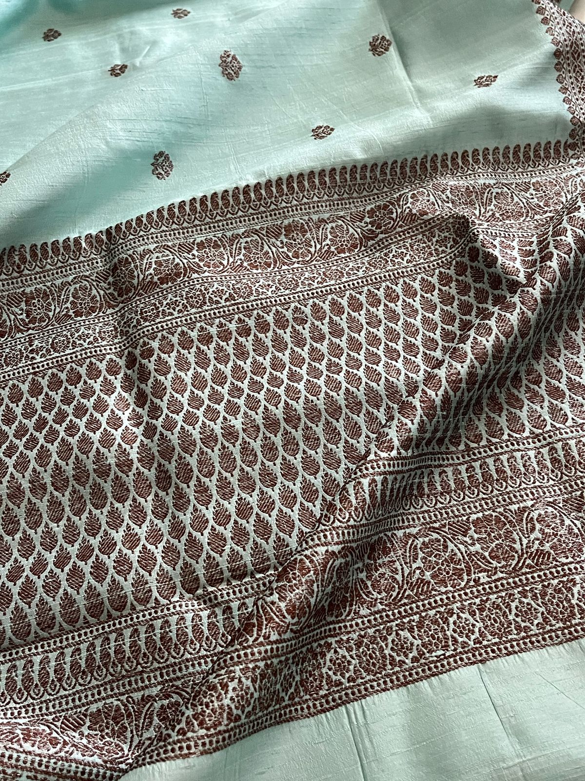 Pure Raw Silk Handloom Saree With Antique Zari - Frosted Blue