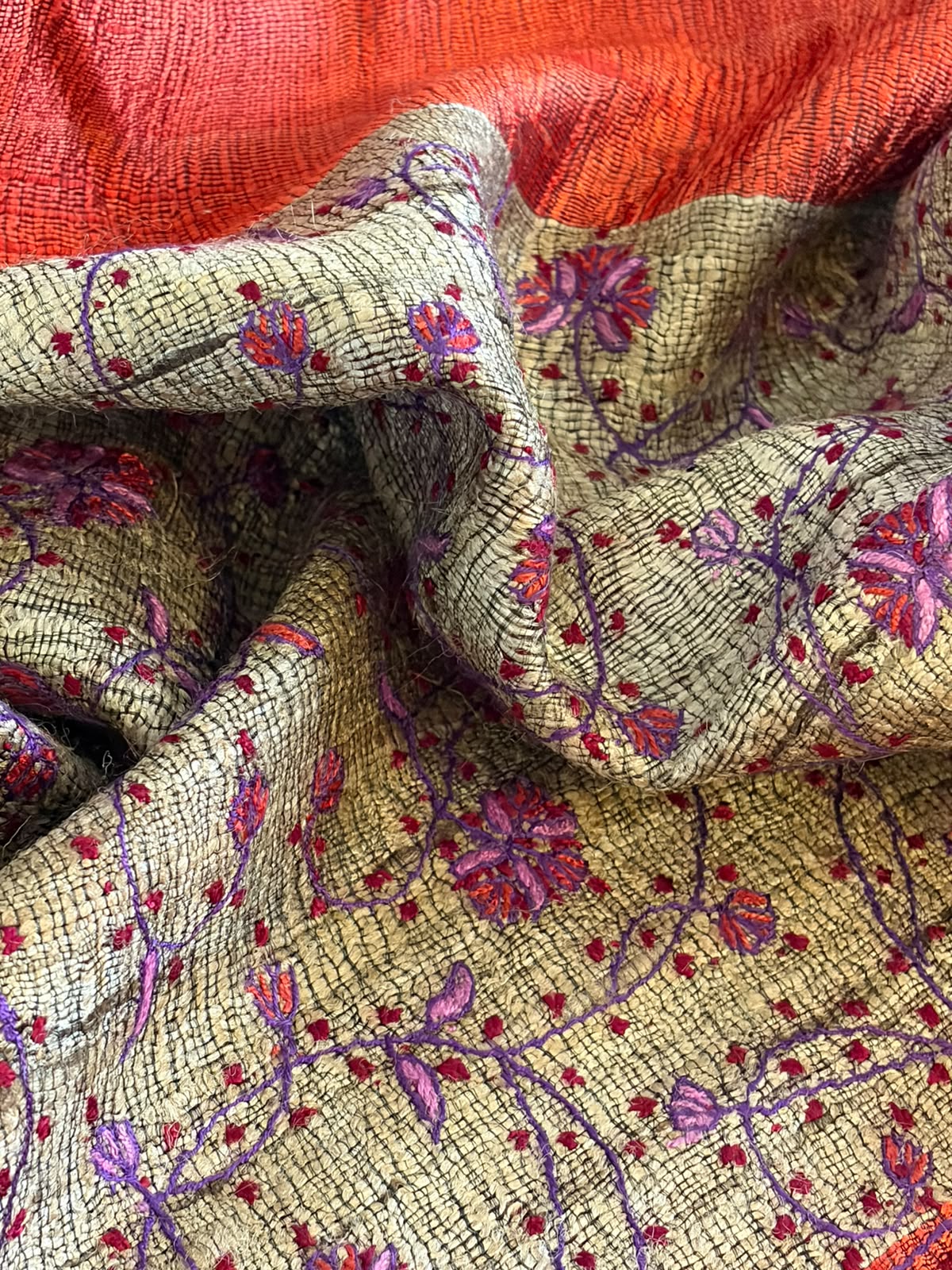 Pure Raw Silk Handloom Dupatta with delicate Sozni Handwork - Rust Orange