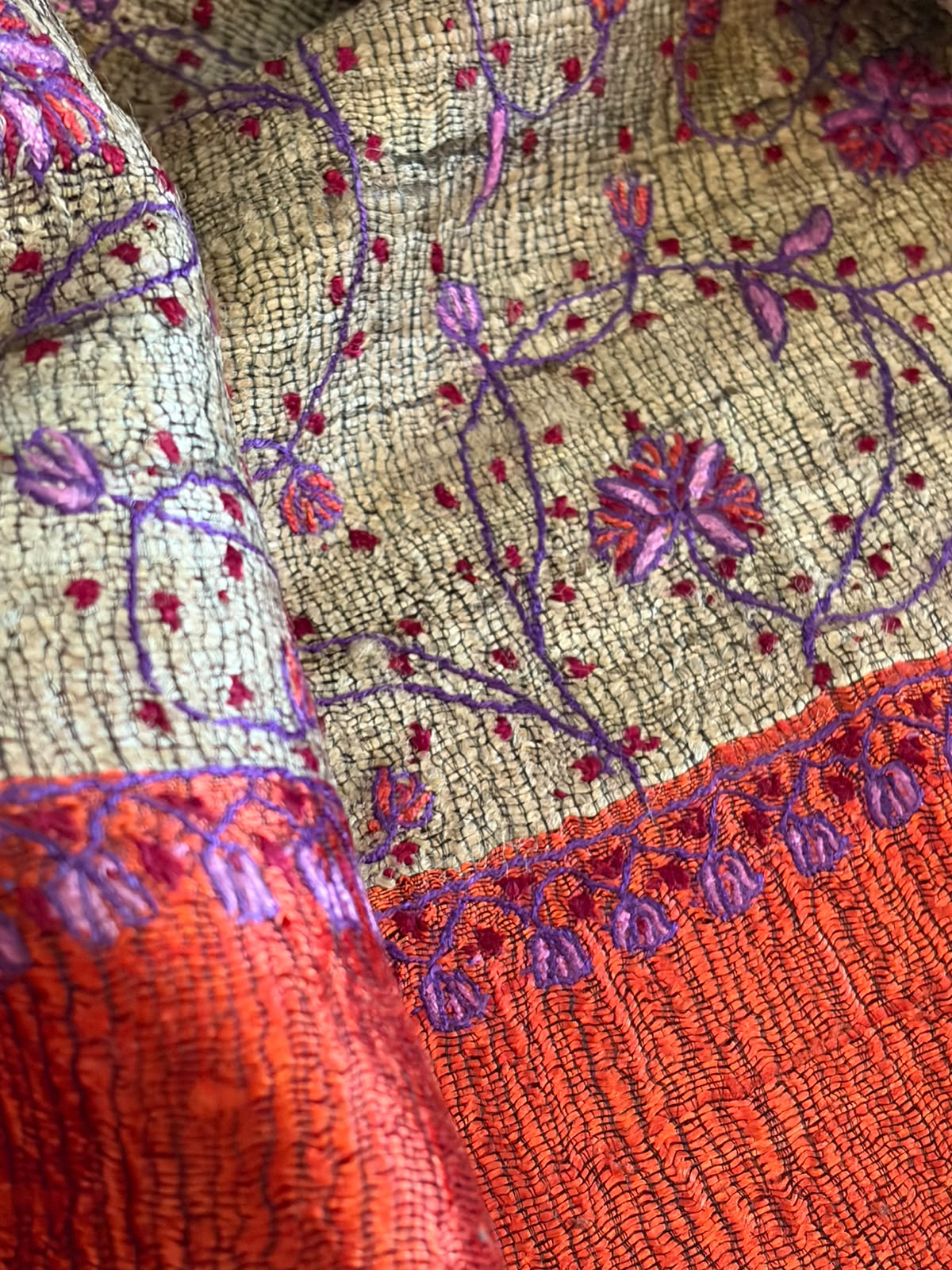 Pure Raw Silk Handloom Dupatta with delicate Sozni Handwork - Rust Orange