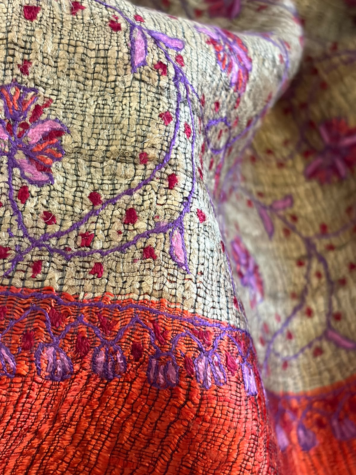 Pure Raw Silk Handloom Dupatta with delicate Sozni Handwork - Rust Orange