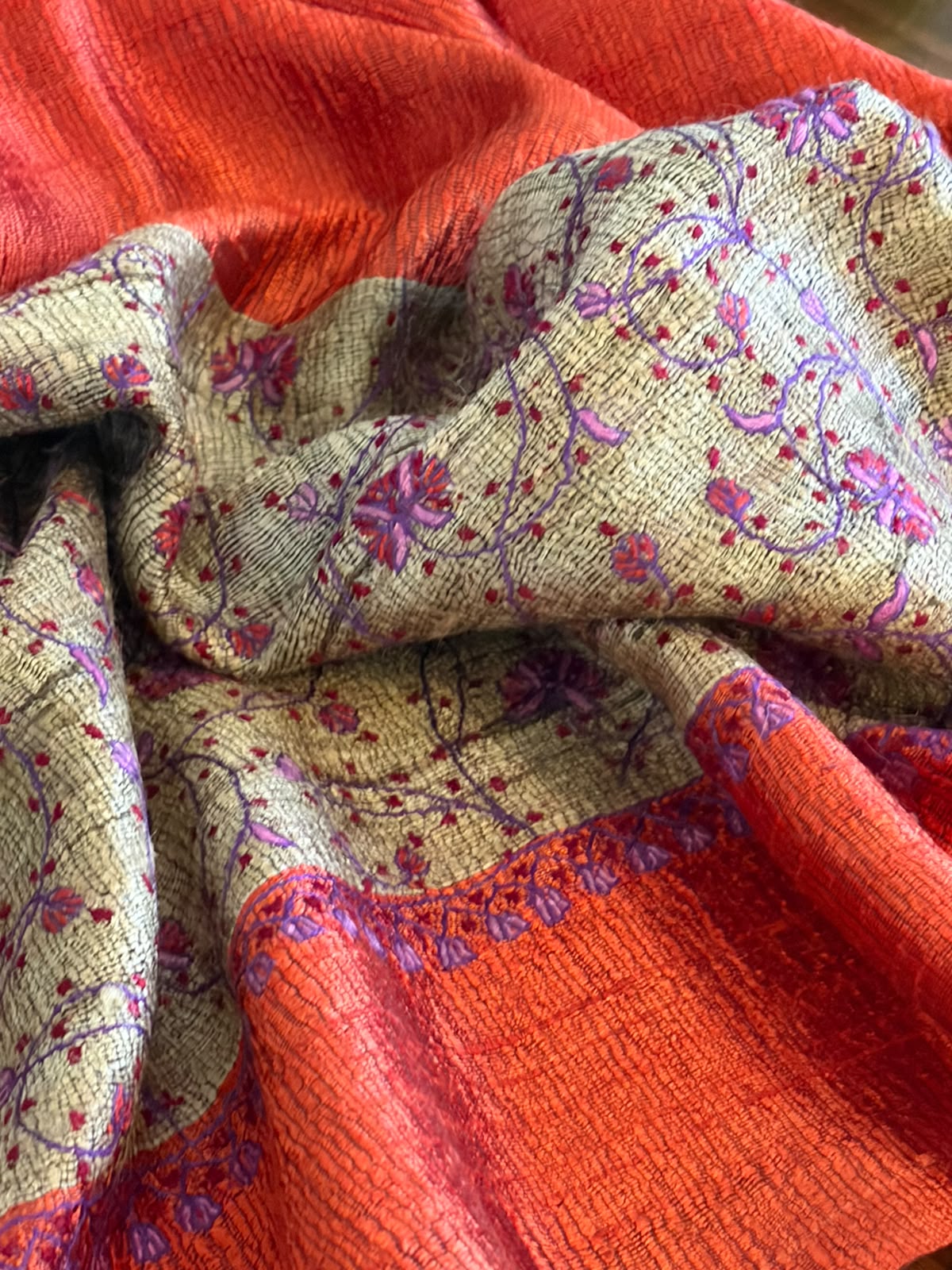 Pure Raw Silk Handloom Dupatta with delicate Sozni Handwork - Rust Orange