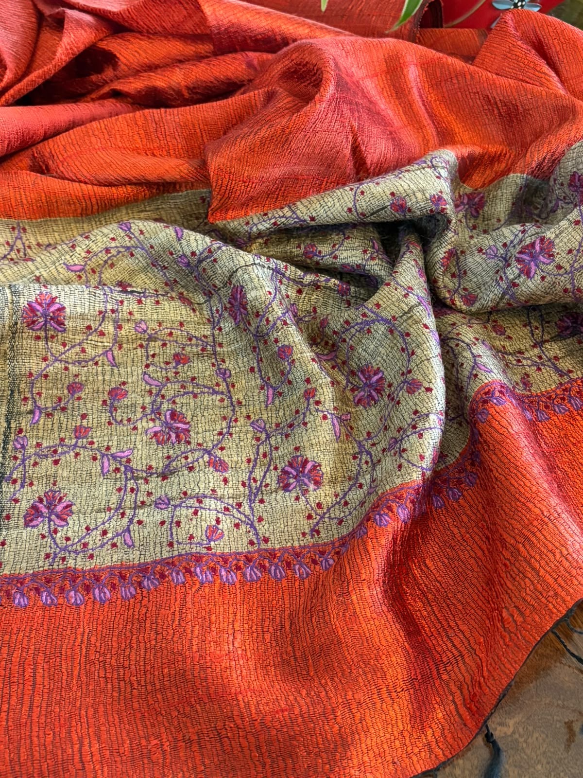 Pure Raw Silk Handloom Dupatta with delicate Sozni Handwork - Rust Orange