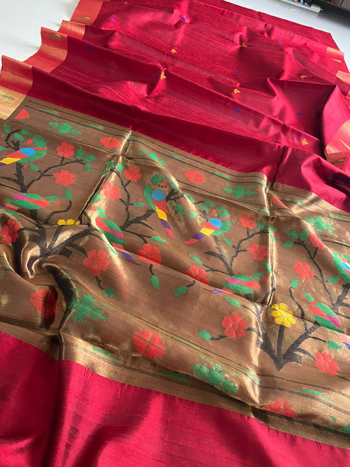 Pure Raw Silk Handloom Saree with Paithani Style Palla - Deep Red