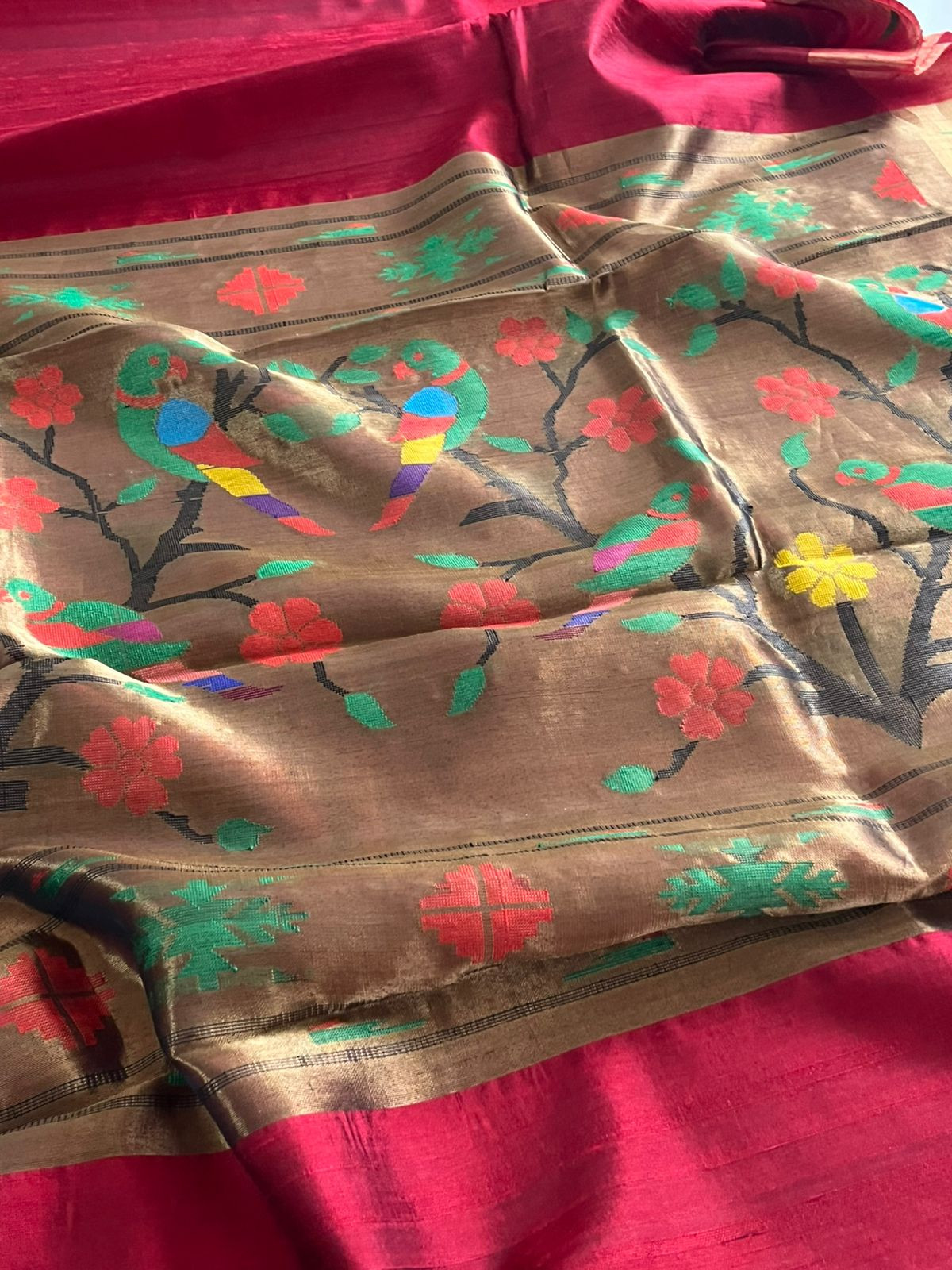 Pure Raw Silk Handloom Saree with Paithani Style Palla - Deep Red