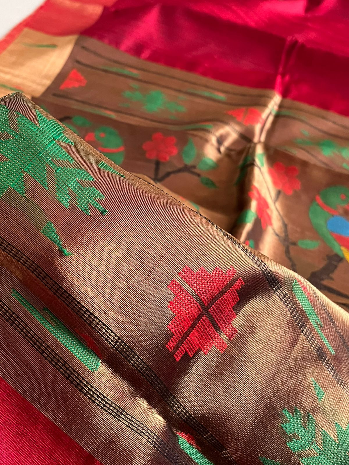 Pure Raw Silk Handloom Saree with Paithani Style Palla - Deep Red