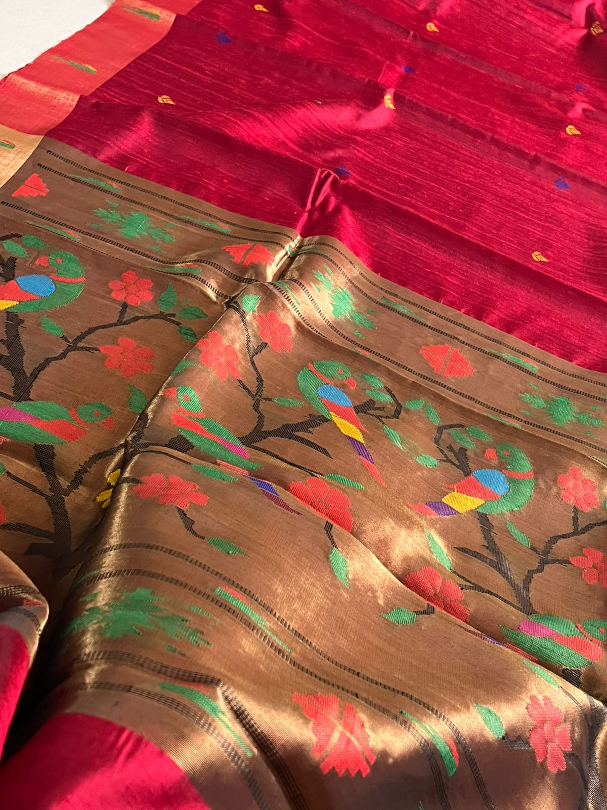 Pure Raw Silk Handloom Saree with Paithani Style Palla - Deep Red