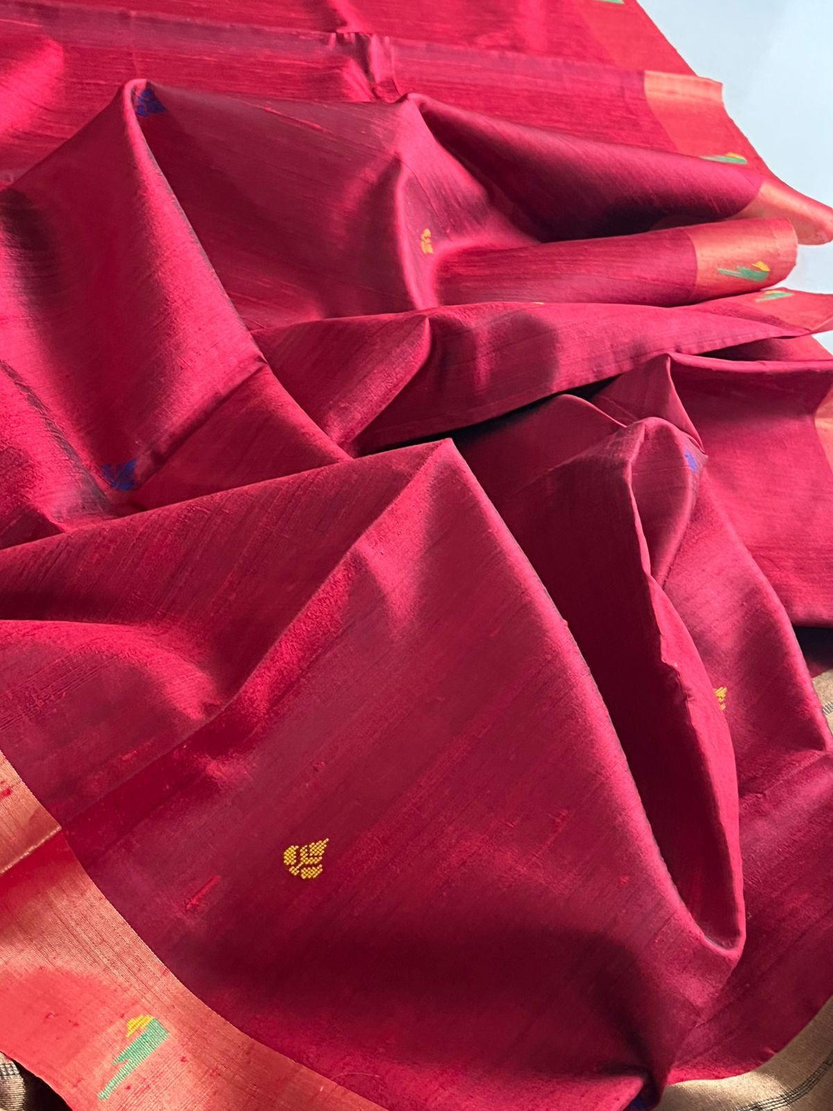 Pure Raw Silk Handloom Saree with Paithani Style Palla - Deep Red