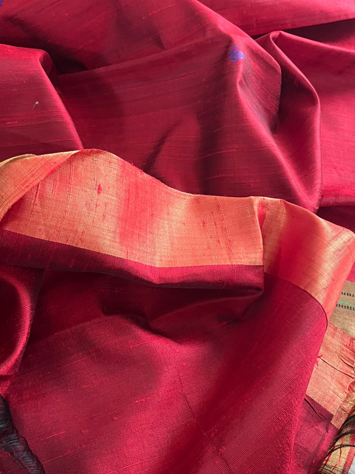 Pure Raw Silk Handloom Saree with Paithani Style Palla - Deep Red