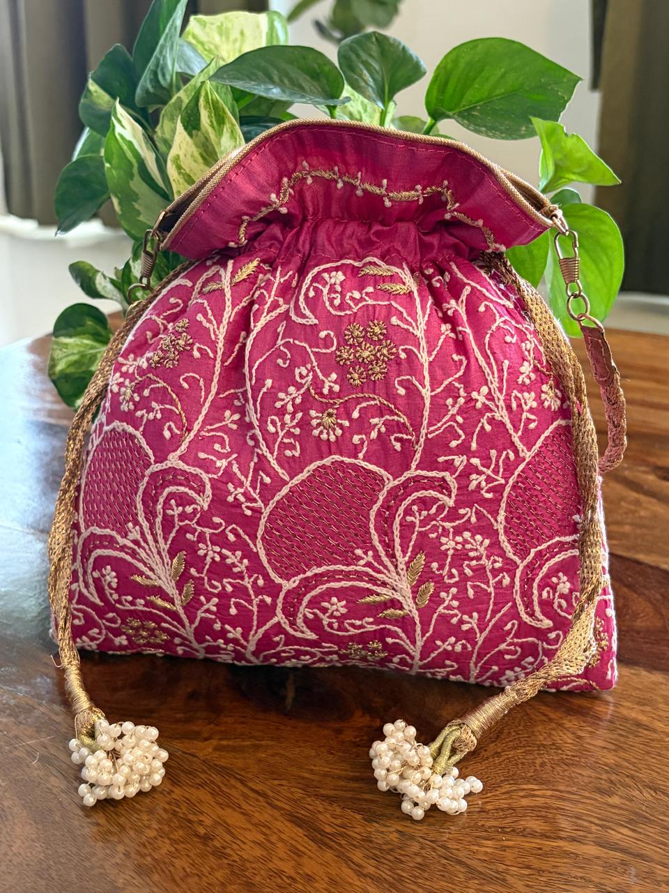 Phulwari Fuchsia Pink Pure Silk Chikankari Handwork Potli