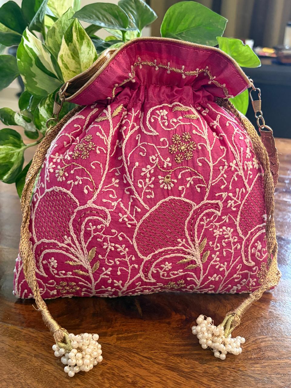 Phulwari Fuchsia Pink Pure Silk Chikankari Handwork Potli