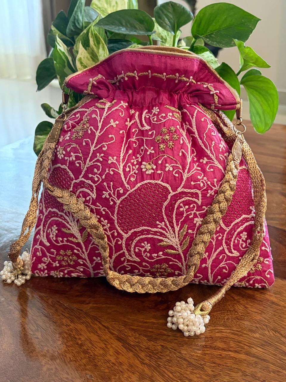 Phulwari Fuchsia Pink Pure Silk Chikankari Handwork Potli