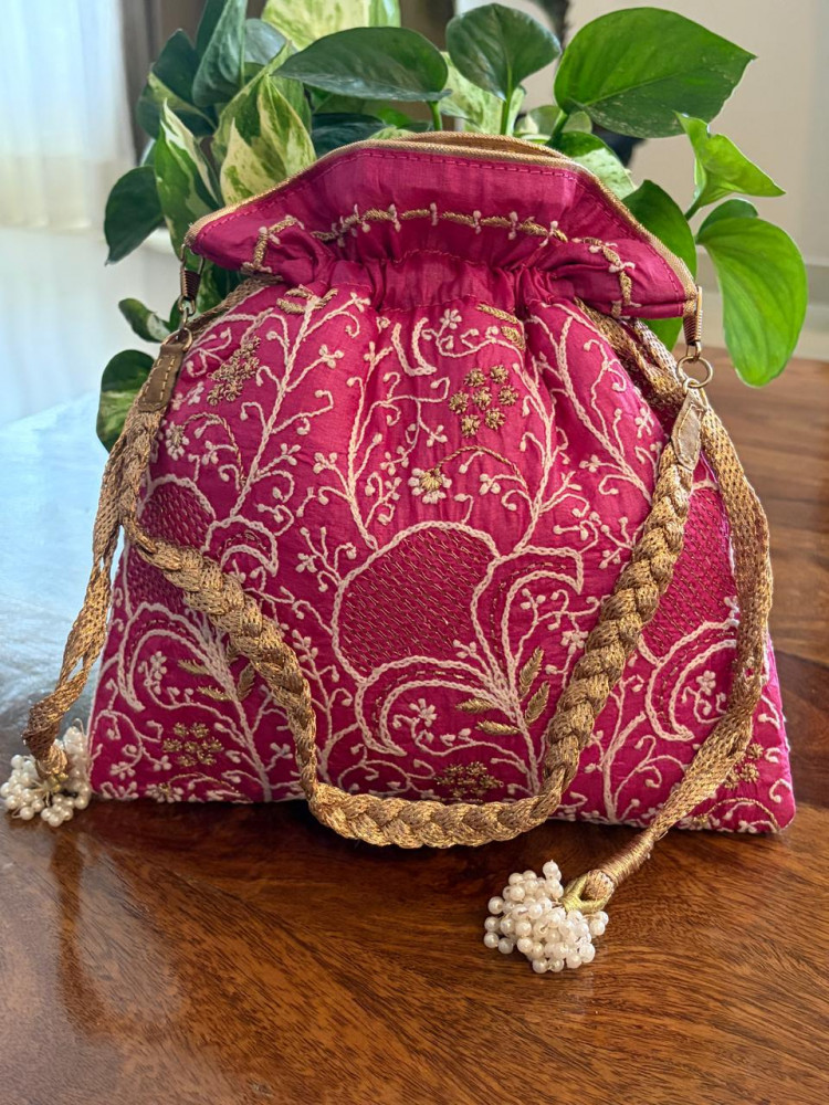 Image of Phulwari Fuchsia Pink Pure Silk Chikankari Handwork Potli