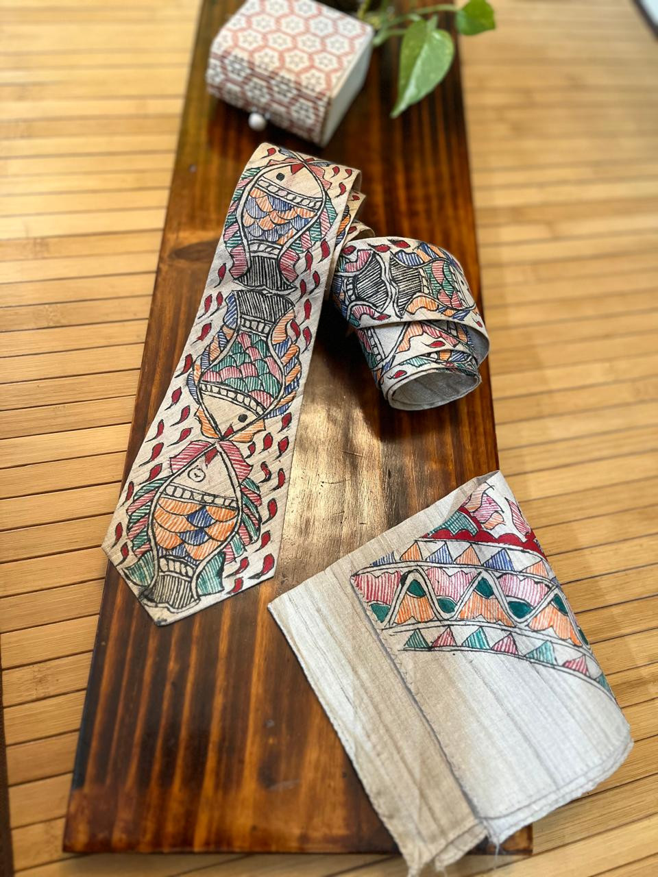 Pure Silk Handpainted Madhubani Tie Handkerchief set