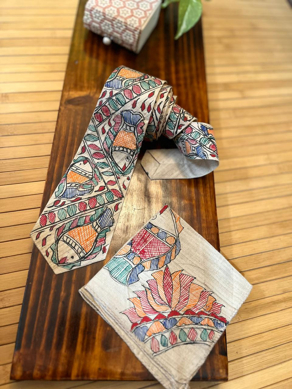 Pure Silk Handpainted Madhubani Tie Handkerchief set