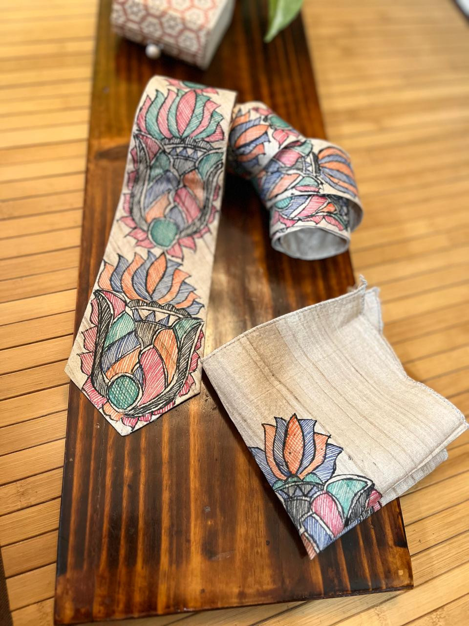 Pure Silk Handpainted Madhubani Tie Handkerchief set