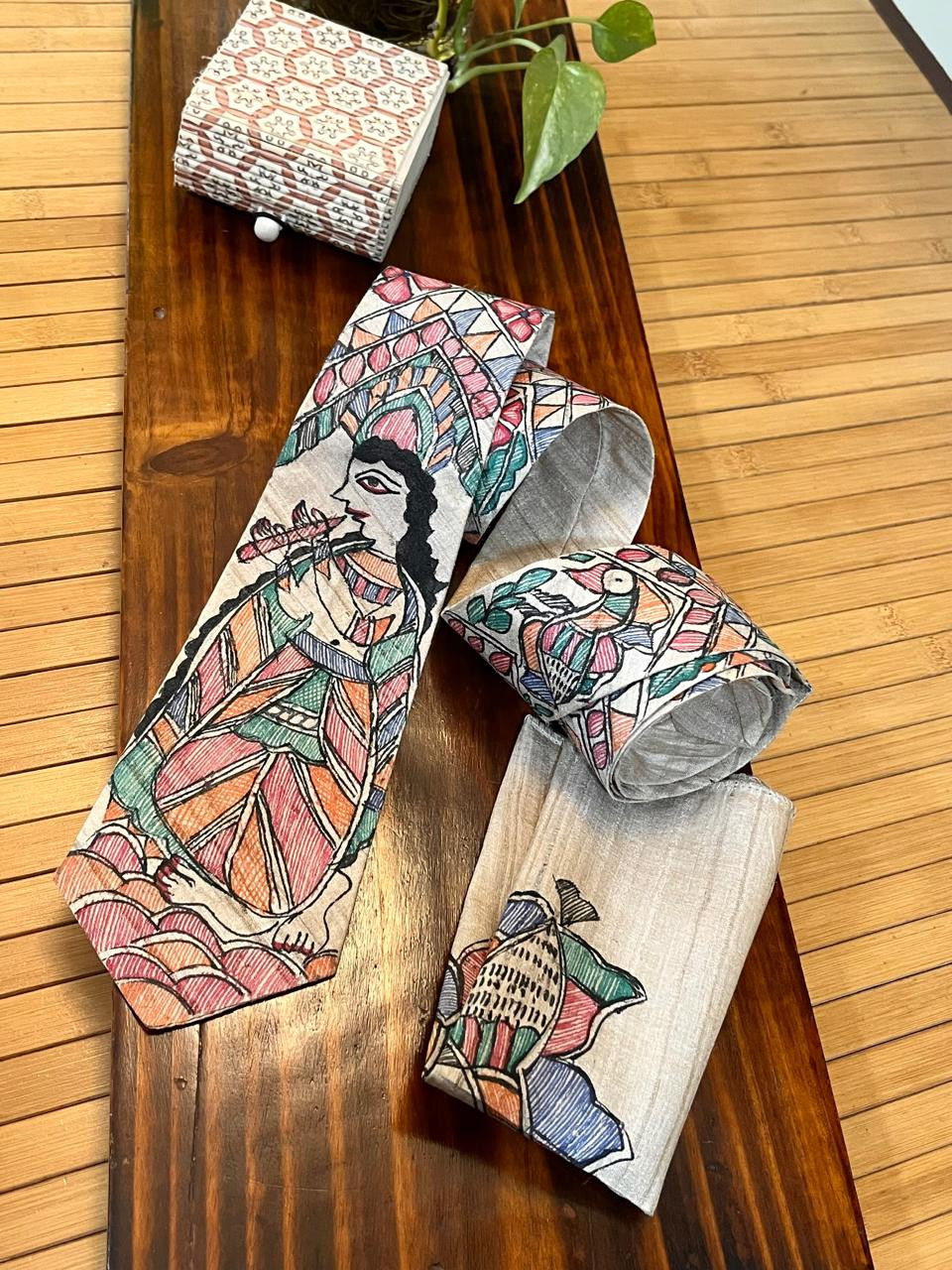 Pure Silk Handpainted Madhubani Tie Handkerchief set