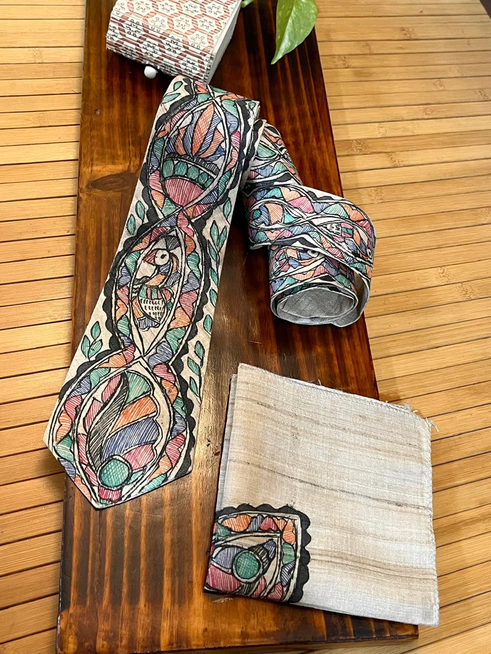 Pure Silk Handpainted Madhubani Tie Handkerchief set