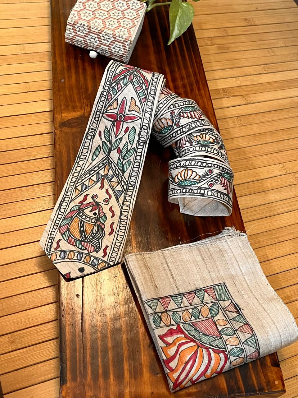 Pure Silk Handpainted Madhubani Tie Handkerchief set