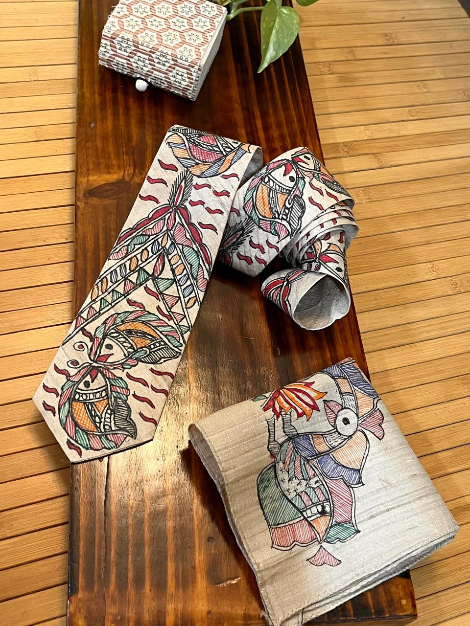 Pure Silk Handpainted Madhubani Tie Handkerchief set