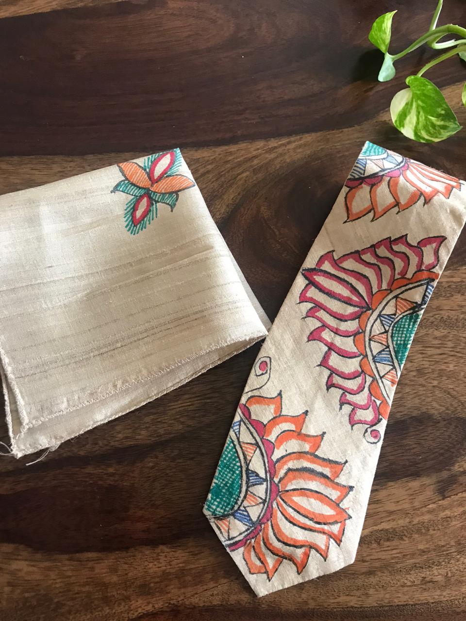 Pure Silk Handpainted Madhubani Tie Handkerchief set