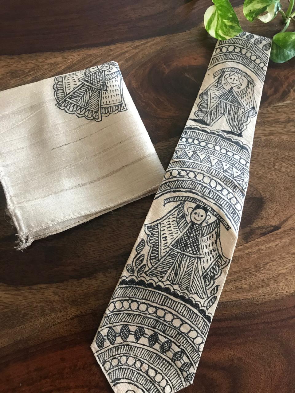 Pure Silk Handpainted Madhubani Tie Handkerchief set