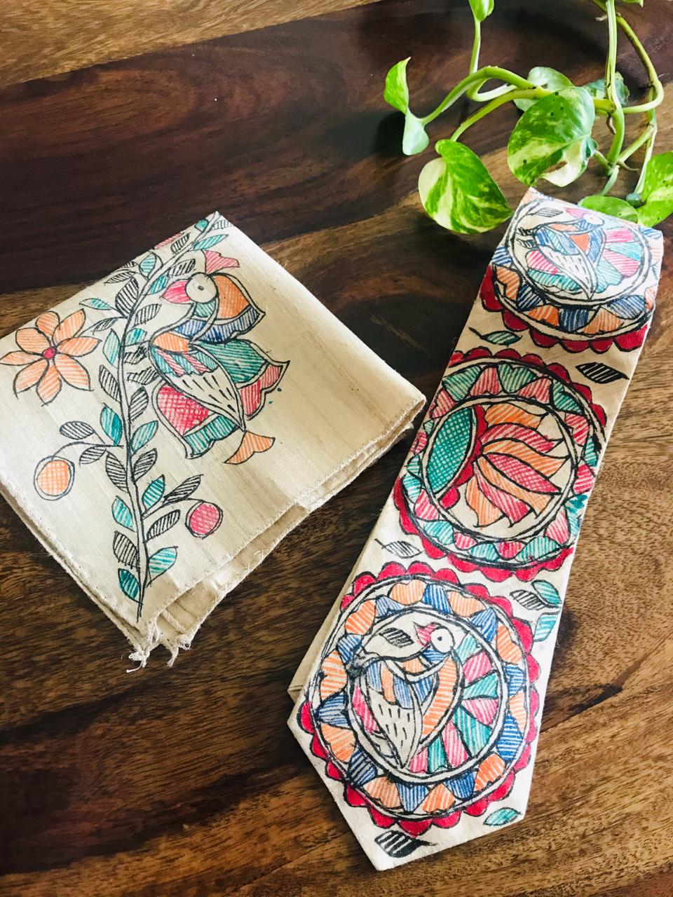 Pure Silk Handpainted Madhubani Tie Handkerchief set