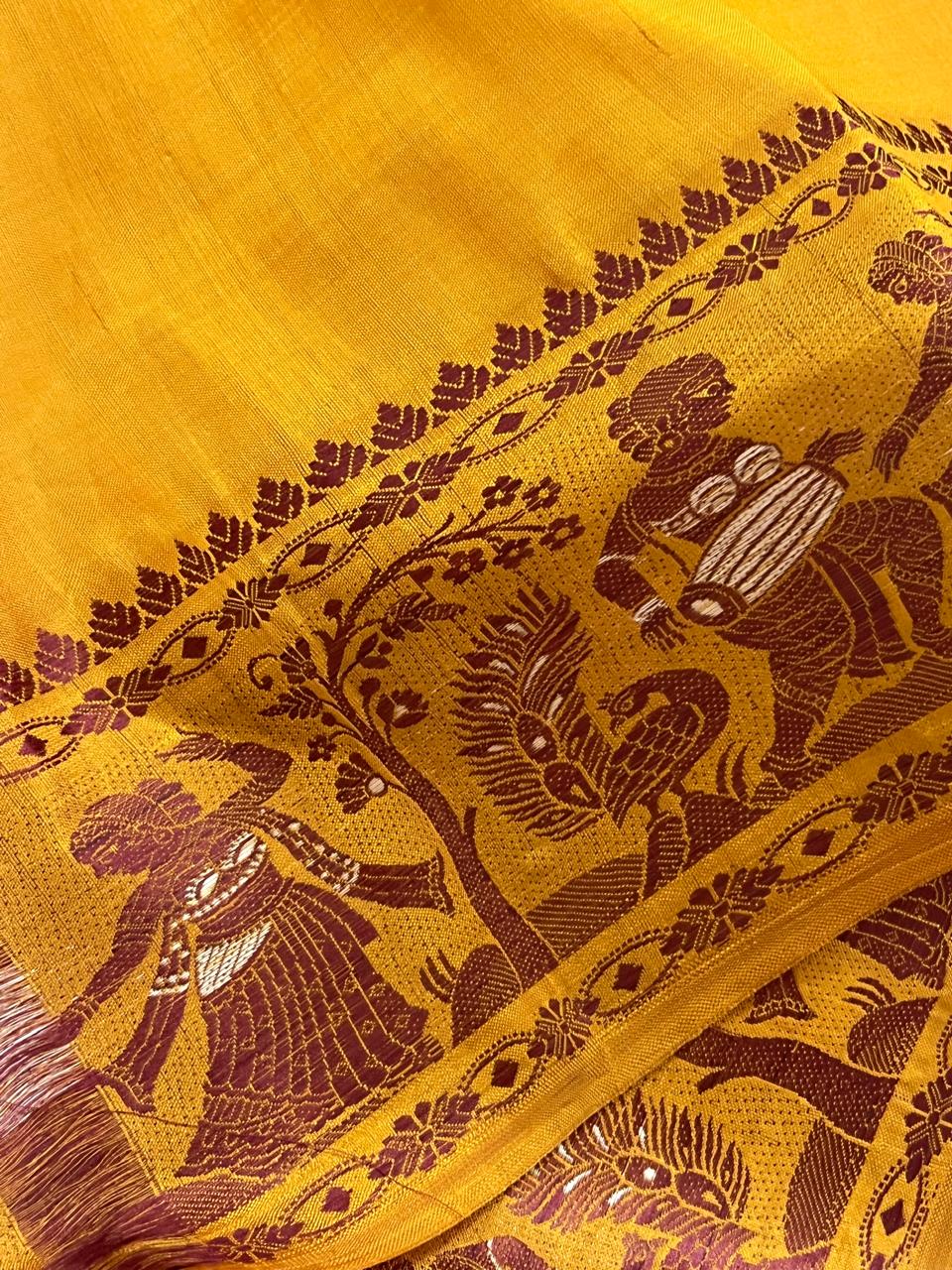 Exquisite Handwoven Pure Silk Baluchari saree - Turmeric Yellow